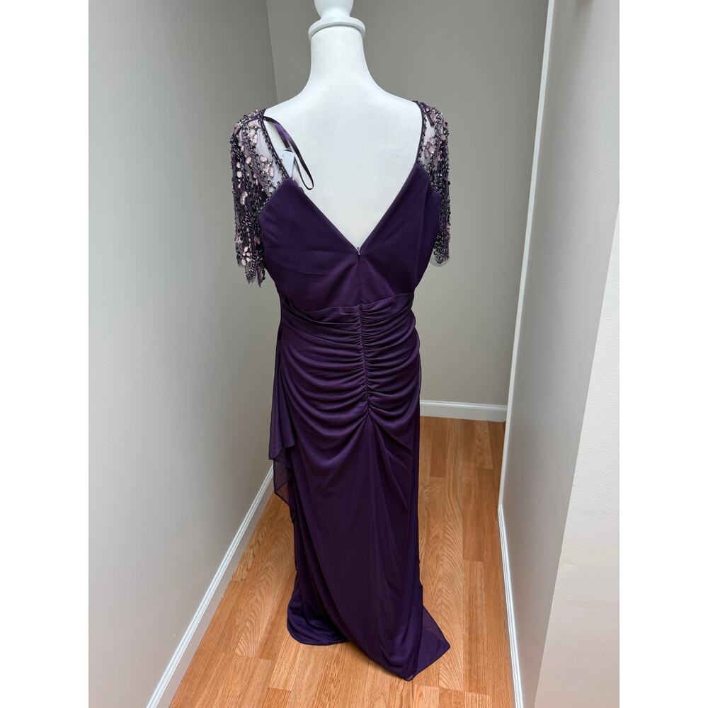 Xscape Evening Dress Plum Lace Draped Formal Beaded Flutter Sleeves Size 16 NWT - Picture 7 of 10